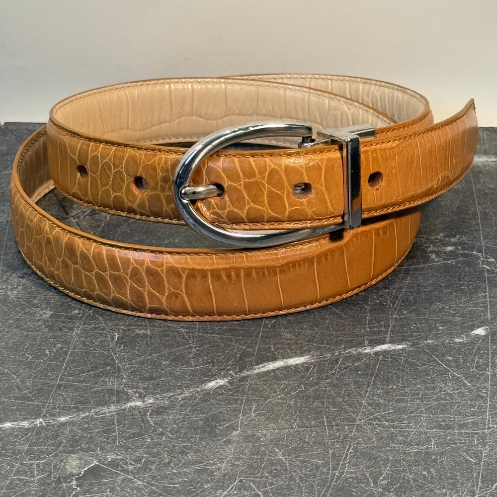 Lauren Ralph Lauren Reversible Croc Embossed Belt Tan Cream Silver Buckle - 32